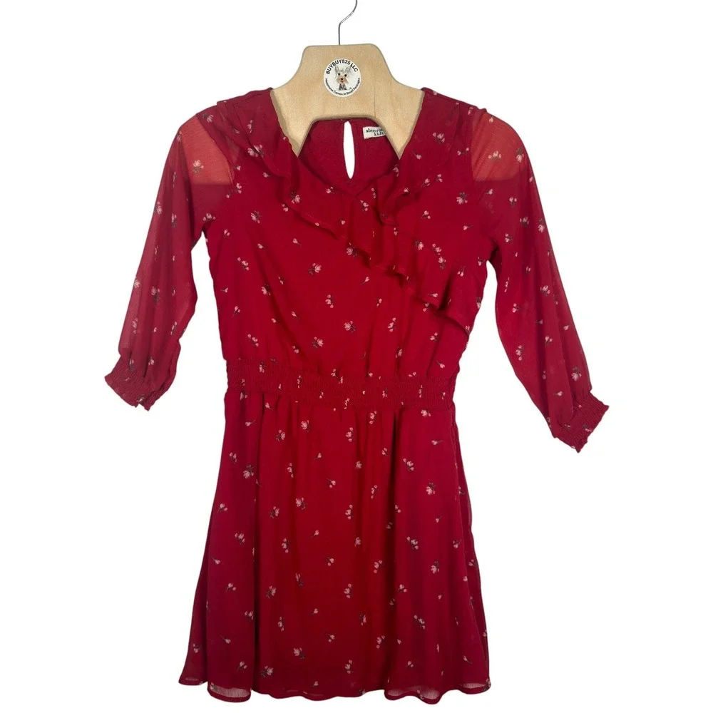 Abercrombie Kids Girls 15/16‎ Red Floral Ruffle Chiffon Smocked Dress